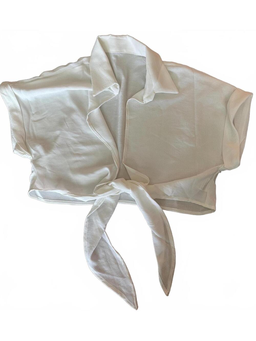Tie Front Crop Blouse Collar Swim Cover Up Off White Small